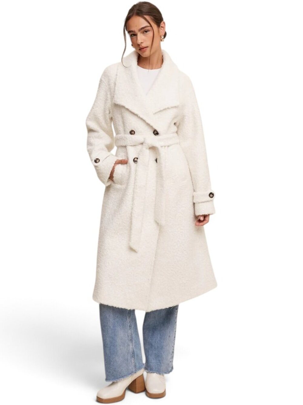 Listicle Polar Express Teddy Coat Jacket Belted Double Breasted Ivory New NWOT M